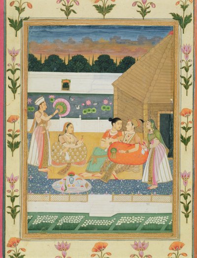 Paar auf einer Terrasse bei Sonnenuntergang, aus dem Small Clive Album von Mughal School